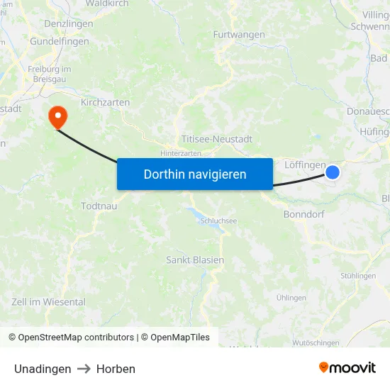 Unadingen to Horben map