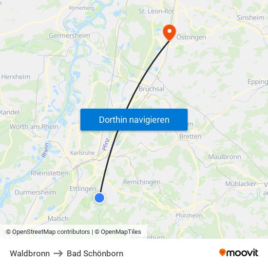 Waldbronn to Bad Schönborn map