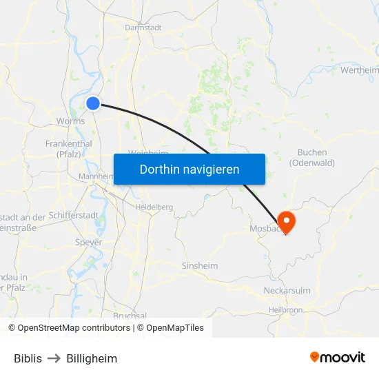 Biblis to Billigheim map