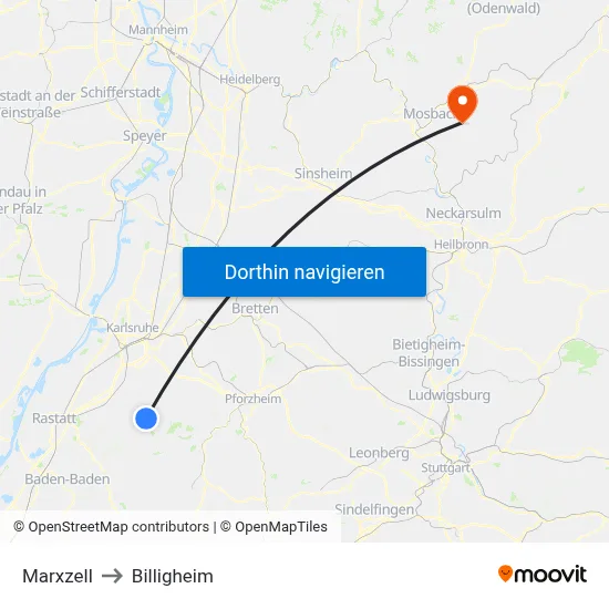 Marxzell to Billigheim map