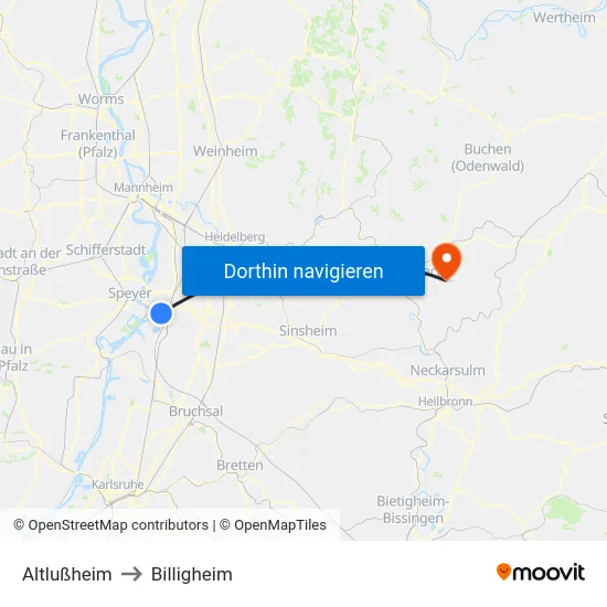 Altlußheim to Billigheim map