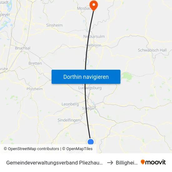 Gemeindeverwaltungsverband Pliezhausen to Billigheim map