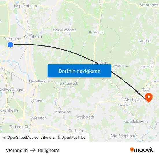Viernheim to Billigheim map