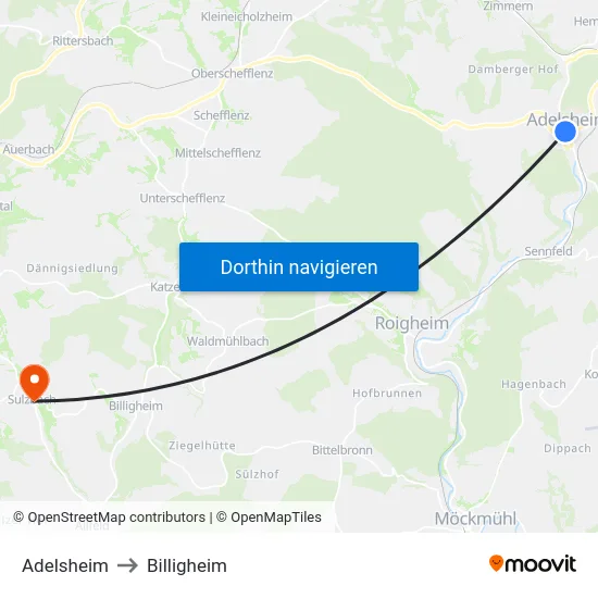 Adelsheim to Billigheim map