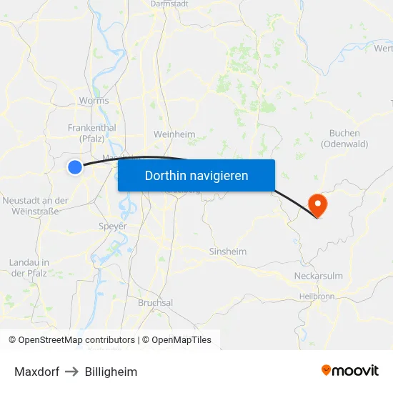 Maxdorf to Billigheim map