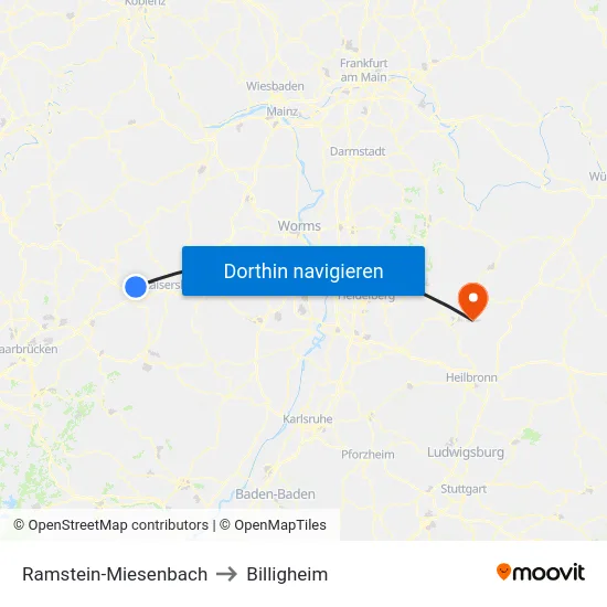 Ramstein-Miesenbach to Billigheim map