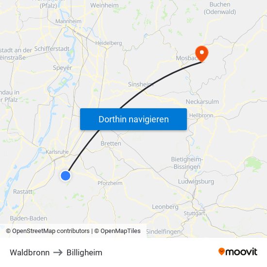 Waldbronn to Billigheim map