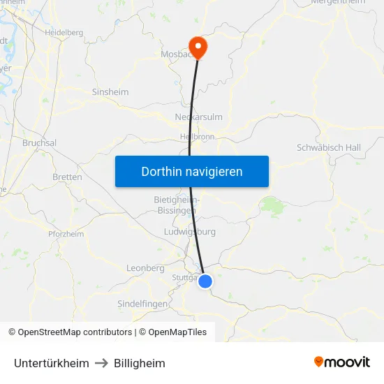 Untertürkheim to Billigheim map