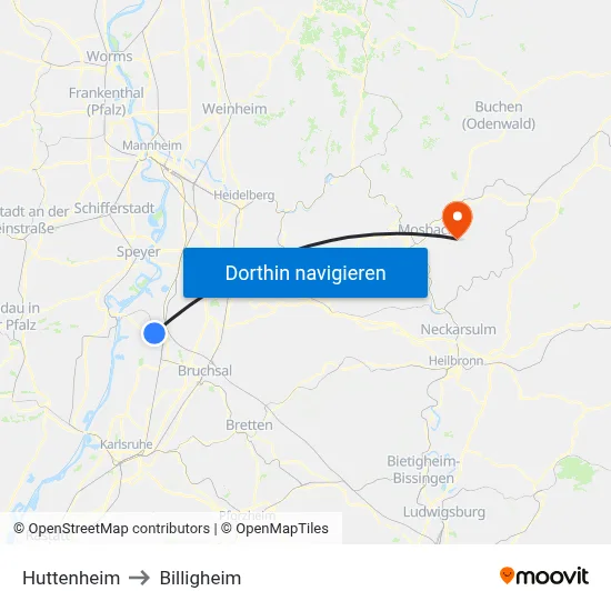 Huttenheim to Billigheim map