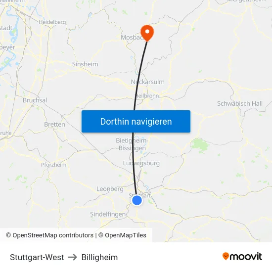 Stuttgart-West to Billigheim map