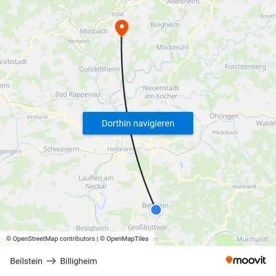 Beilstein to Billigheim map