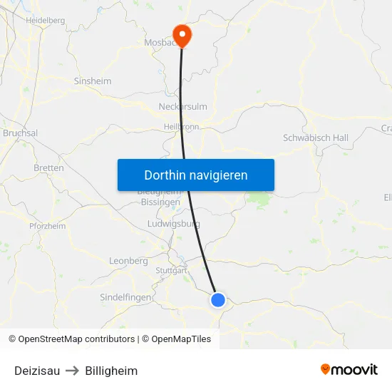 Deizisau to Billigheim map
