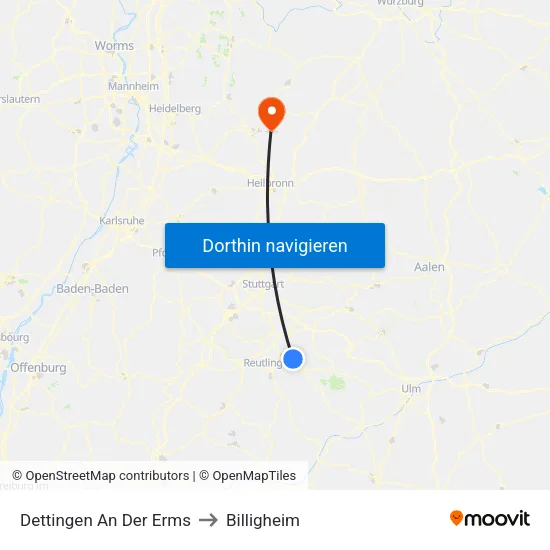 Dettingen An Der Erms to Billigheim map