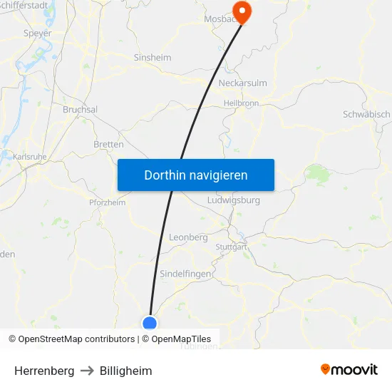 Herrenberg to Billigheim map