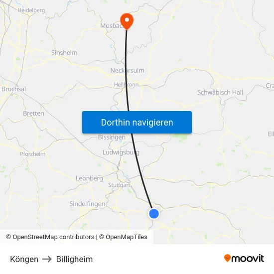 Köngen to Billigheim map