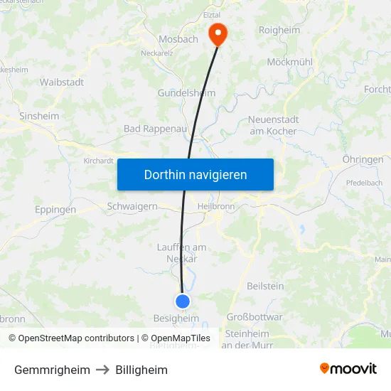 Gemmrigheim to Billigheim map