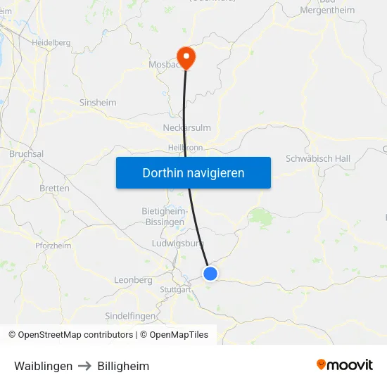 Waiblingen to Billigheim map