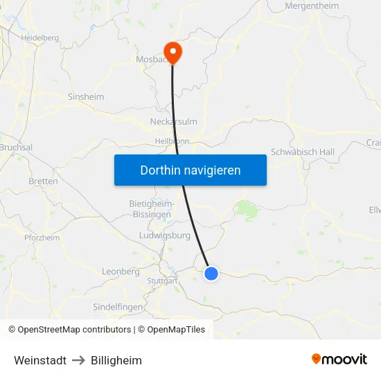 Weinstadt to Billigheim map