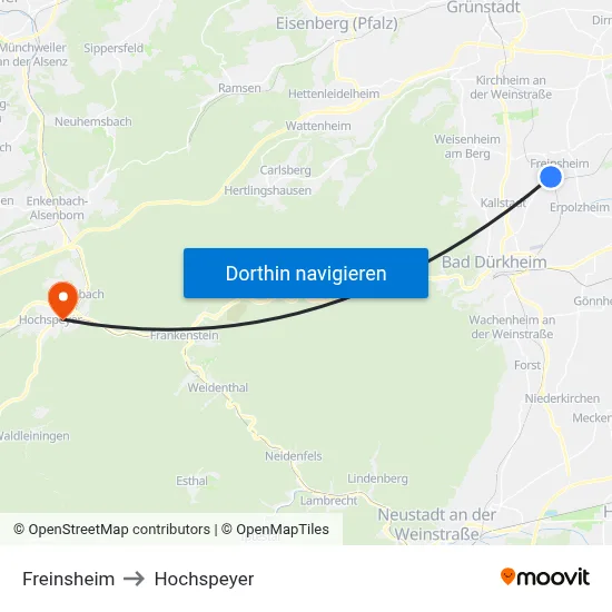 Freinsheim to Hochspeyer map