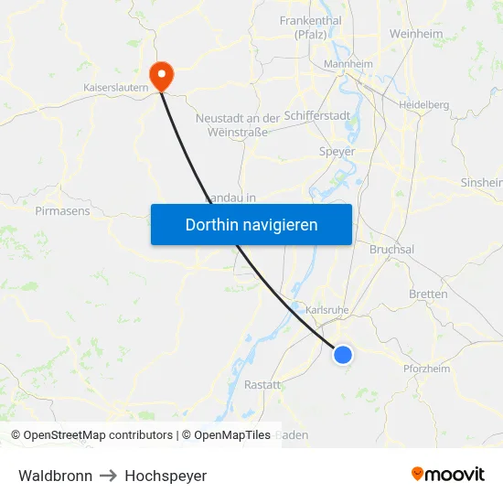 Waldbronn to Hochspeyer map