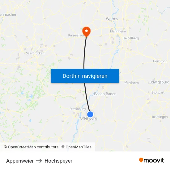 Appenweier to Hochspeyer map