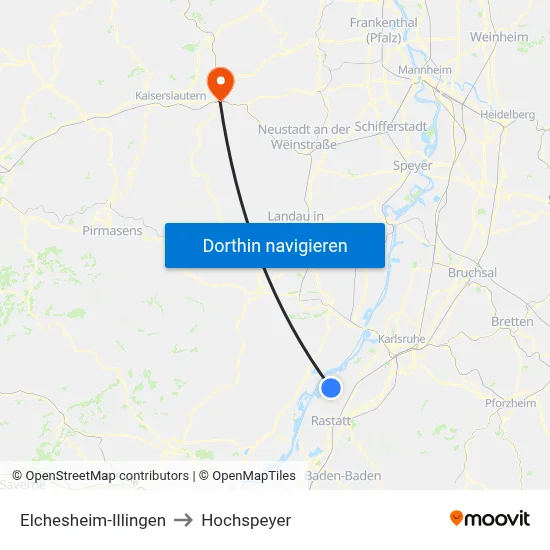 Elchesheim-Illingen to Hochspeyer map