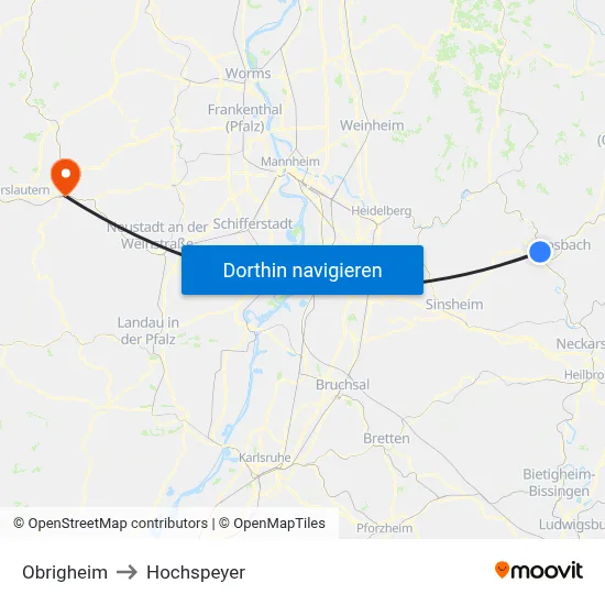 Obrigheim to Hochspeyer map