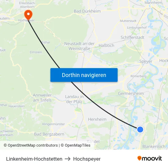 Linkenheim-Hochstetten to Hochspeyer map