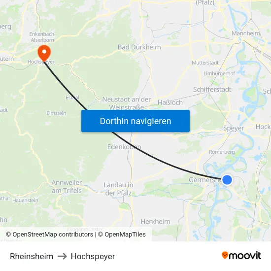 Rheinsheim to Hochspeyer map