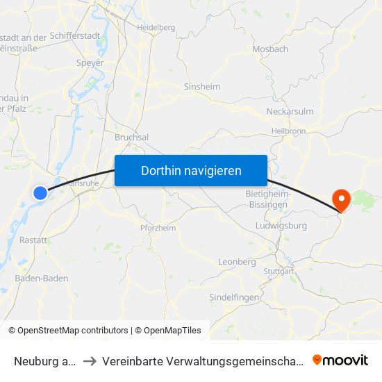 Neuburg am Rhein to Vereinbarte Verwaltungsgemeinschaft Der Stadt Backnang map