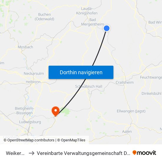 Weikersheim to Vereinbarte Verwaltungsgemeinschaft Der Stadt Backnang map