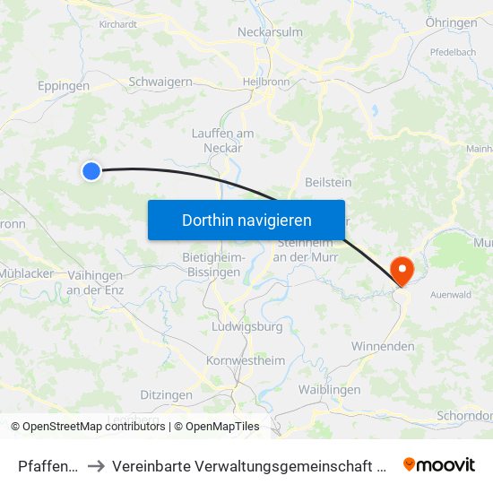 Pfaffenhofen to Vereinbarte Verwaltungsgemeinschaft Der Stadt Backnang map