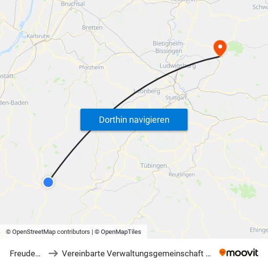 Freudenstadt to Vereinbarte Verwaltungsgemeinschaft Der Stadt Backnang map