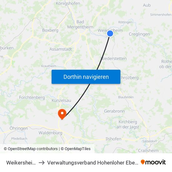 Weikersheim to Verwaltungsverband Hohenloher Ebene map