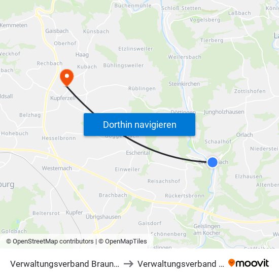 Verwaltungsverband Braunsbach-Untermünkheim to Verwaltungsverband Hohenloher Ebene map