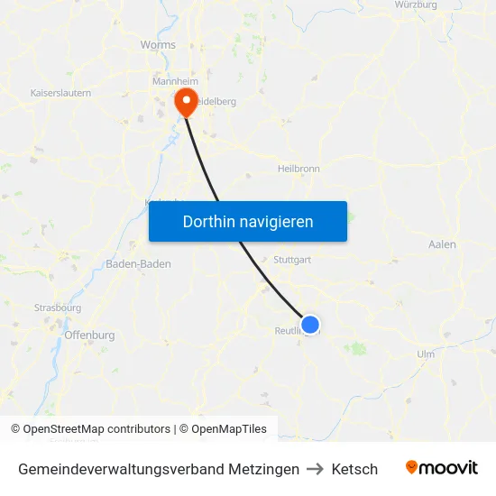 Gemeindeverwaltungsverband Metzingen to Ketsch map