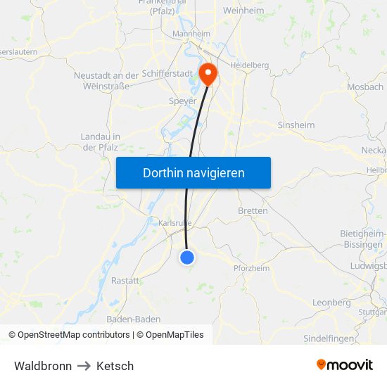 Waldbronn to Ketsch map