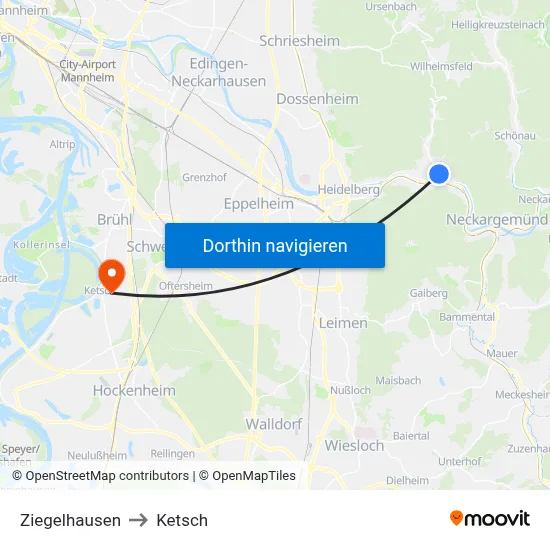 Ziegelhausen to Ketsch map