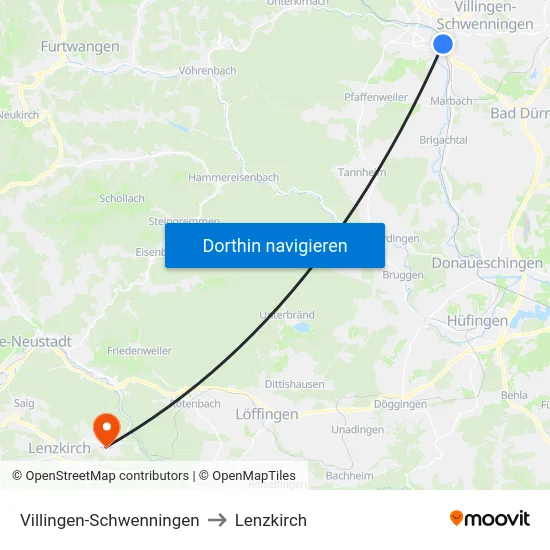 Villingen-Schwenningen to Lenzkirch map