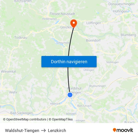 Waldshut-Tiengen to Lenzkirch map