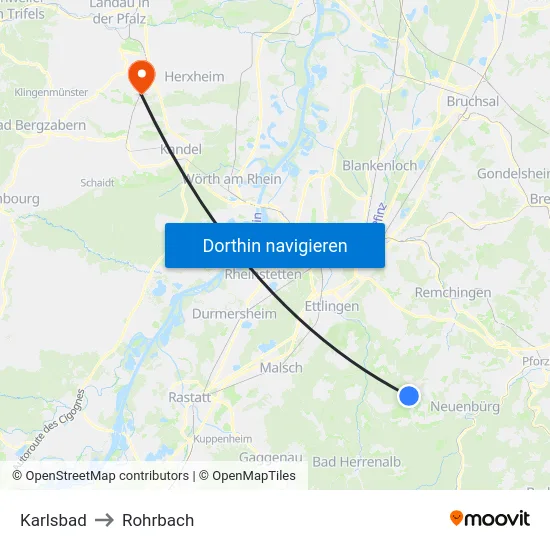 Karlsbad to Rohrbach map
