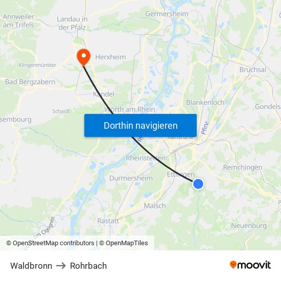 Waldbronn to Rohrbach map