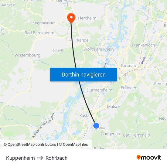 Kuppenheim to Rohrbach map