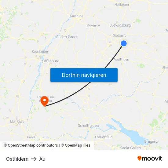 Ostfildern to Au map