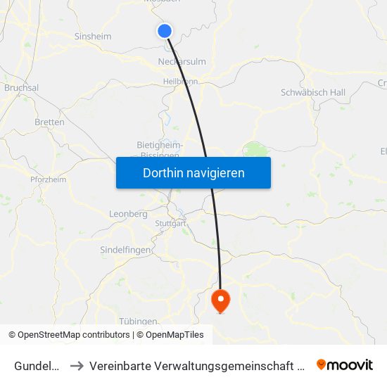 Gundelsheim to Vereinbarte Verwaltungsgemeinschaft Der Stadt Neuffen map