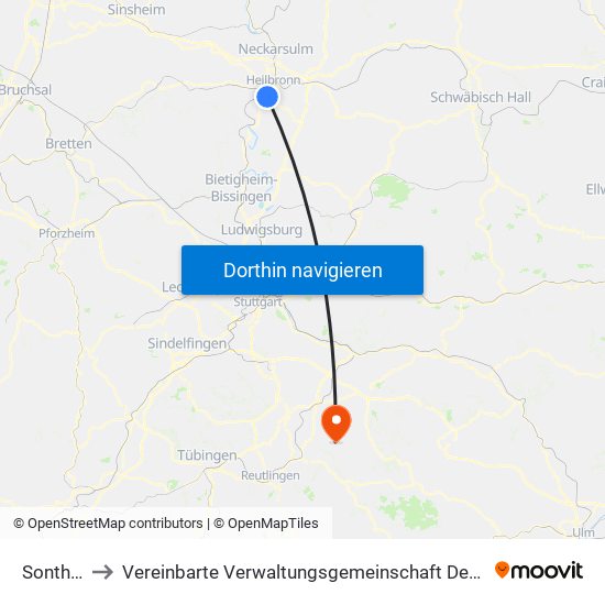 Sontheim to Vereinbarte Verwaltungsgemeinschaft Der Stadt Neuffen map