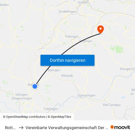 Rottweil to Vereinbarte Verwaltungsgemeinschaft Der Stadt Neuffen map