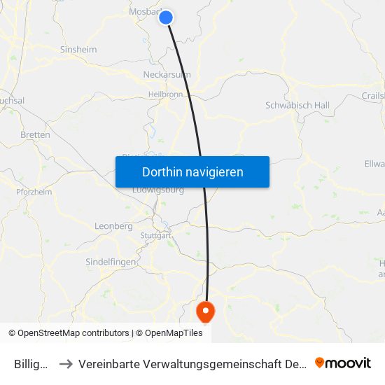 Billigheim to Vereinbarte Verwaltungsgemeinschaft Der Stadt Neuffen map