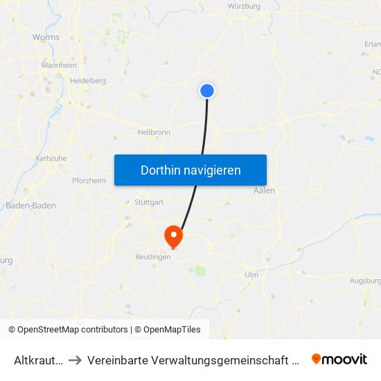 Altkrautheim to Vereinbarte Verwaltungsgemeinschaft Der Stadt Neuffen map
