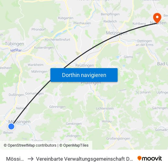 Mössingen to Vereinbarte Verwaltungsgemeinschaft Der Stadt Neuffen map